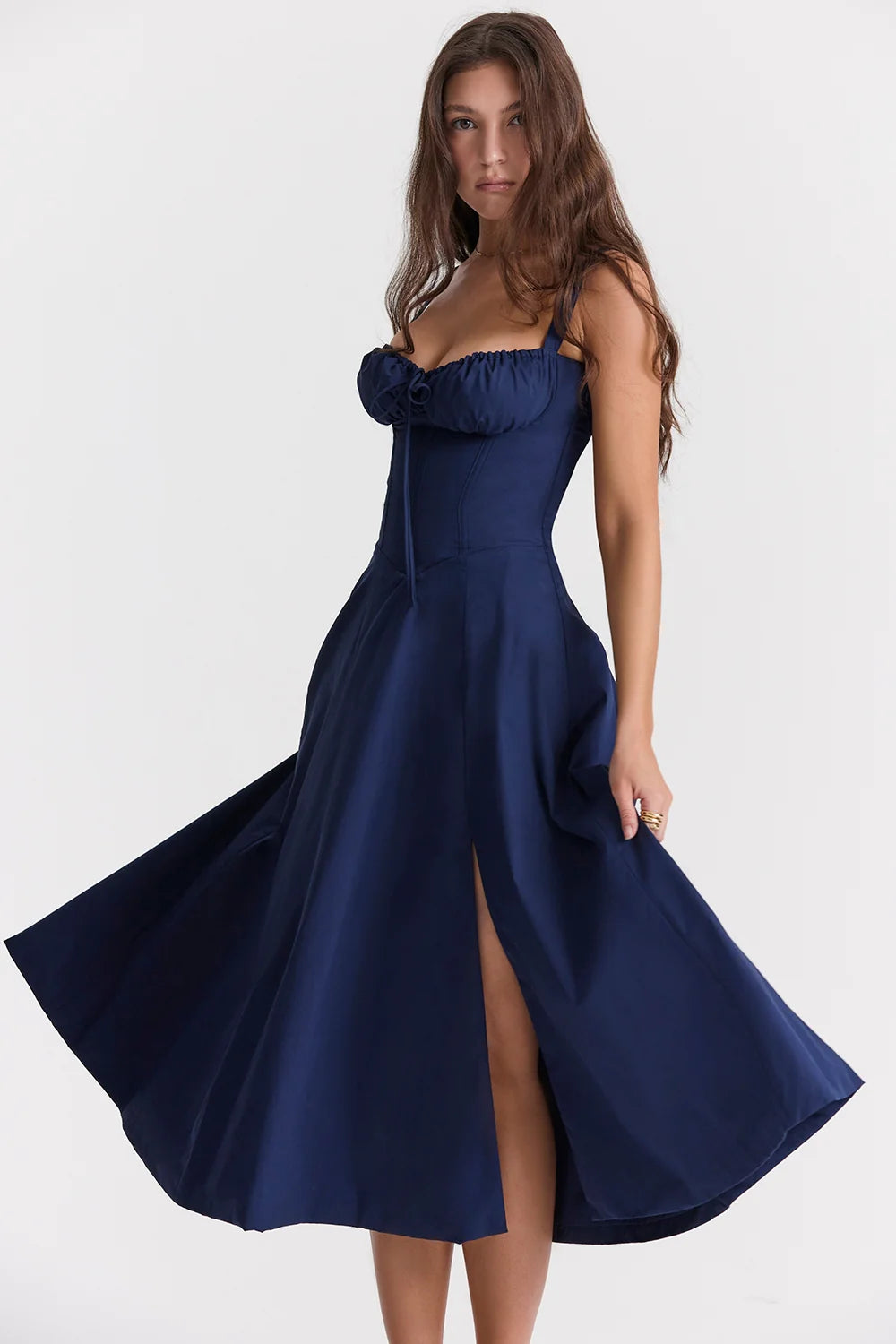 BLOOMING DESIRE LACE UP DRESS - NAVY