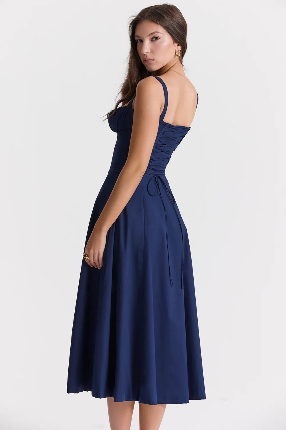 BLOOMING DESIRE LACE UP DRESS - NAVY