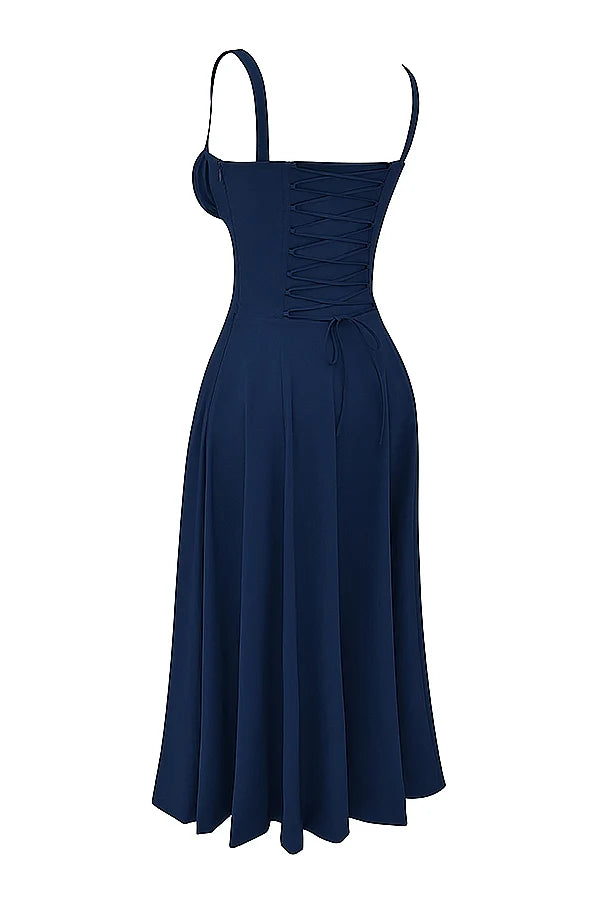 BLOOMING DESIRE LACE UP DRESS - NAVY