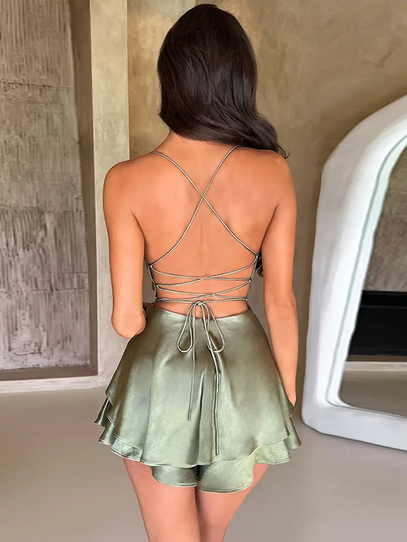 VIVID LACE UP MINI DRESS - MATCHA