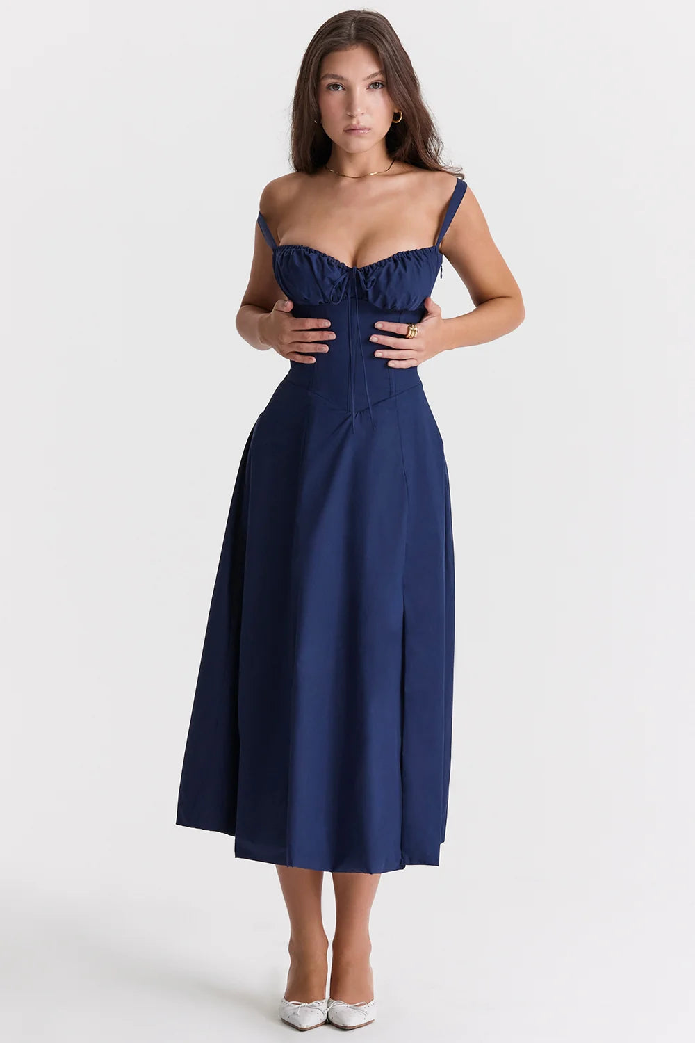 BLOOMING DESIRE LACE UP DRESS - NAVY